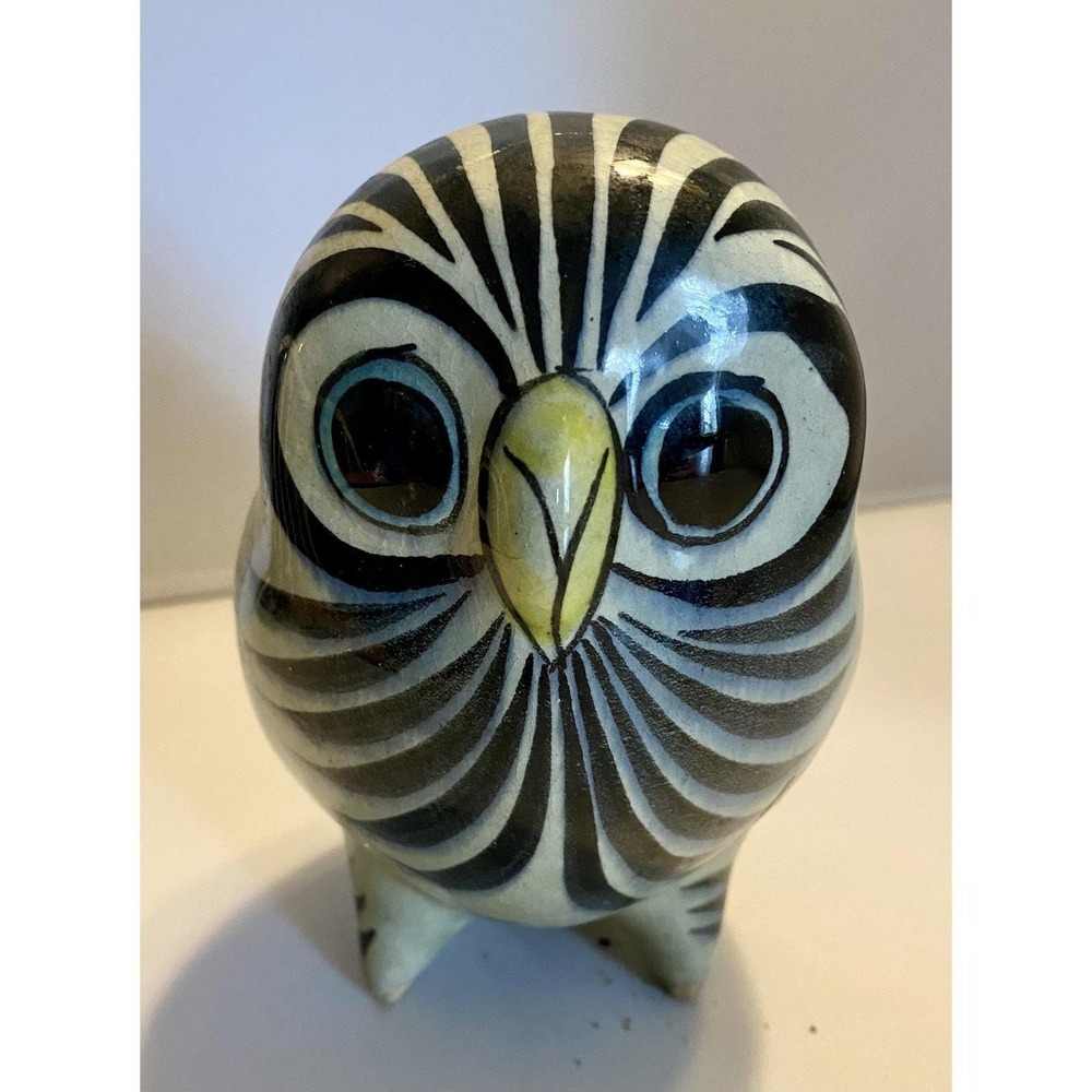 Tonala Owl Figure Mexican Folk Art Pottery Hand Painted Signed 5" - Picture 5 of 9